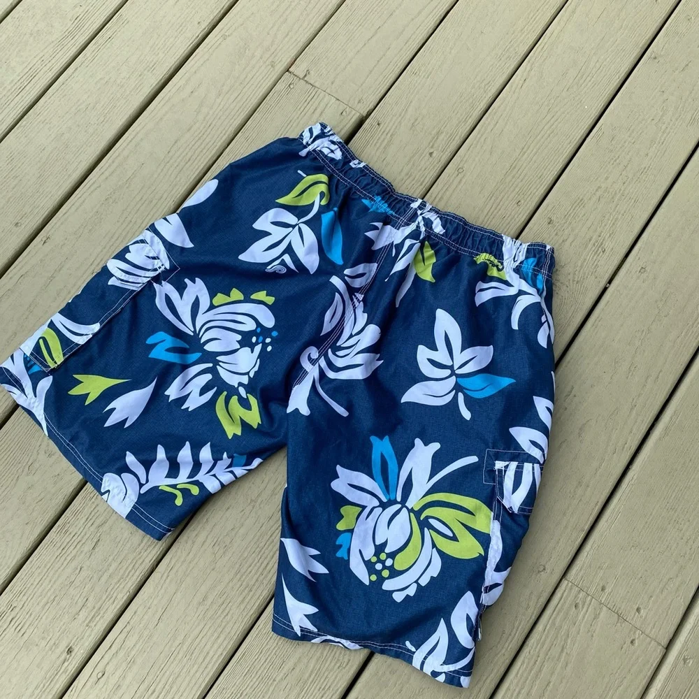 Okanu Hawaiian navy swim print trunks, Size: XL